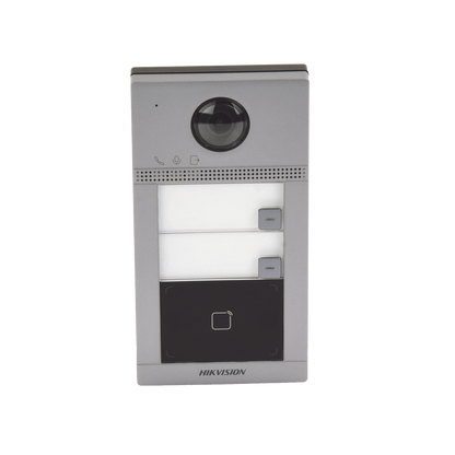 Videoportero IP (IP65 + IK08) con Llamada y apertura desde APP Hik-Connect / Soporta 2 Departamentos / PoE Estandar  / Interfaz WEB para configuración / 2 puertas