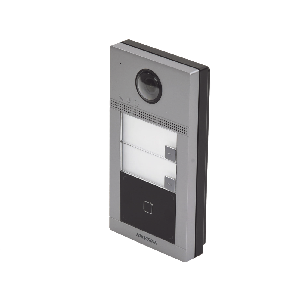 Videoportero IP (IP65 + IK08) con Llamada y apertura desde APP Hik-Connect / Soporta 2 Departamentos / PoE Estandar  / Interfaz WEB para configuración / 2 puertas