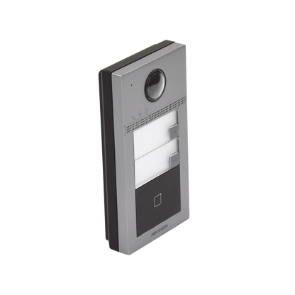 Videoportero IP (IP65 + IK08) con Llamada y apertura desde APP Hik-Connect / Soporta 2 Departamentos / PoE Estandar  / Interfaz WEB para configuración / 2 puertas