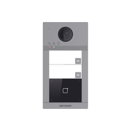 Videoportero IP (IP65 + IK08) con Llamada y apertura desde APP Hik-Connect / Soporta 2 Departamentos / PoE Estandar  / Interfaz WEB para configuración / 2 puertas