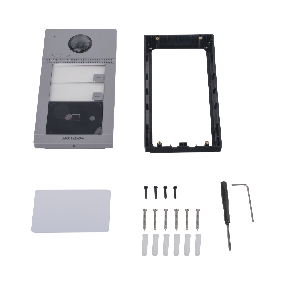 Videoportero IP 2 Megapixel / Llamada y Apertura Remota desde App Hik-Connect (requiere monitor) / PoE / Exterior IP65 + Antivandalico IK08 / 2 Departamentos / Apertura con Tarjeta / Soporta 2 Puertas y hasta 6 Monitores
