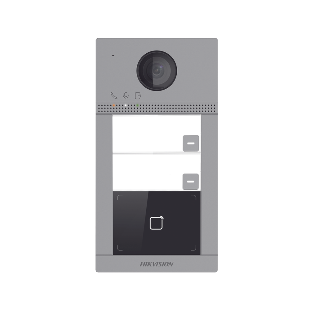 Videoportero IP 2 Megapixel / Llamada y Apertura Remota desde App Hik-Connect (requiere monitor) / PoE / Exterior IP65 + Antivandalico IK08 / 2 Departamentos / Apertura con Tarjeta / Soporta 2 Puertas y hasta 6 Monitores
