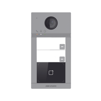 Videoportero IP 2 Megapixel / Llamada y Apertura Remota desde App Hik-Connect (requiere monitor) / PoE / Exterior IP65 + Antivandalico IK08 / 2 Departamentos / Apertura con Tarjeta / Soporta 2 Puertas y hasta 6 Monitores