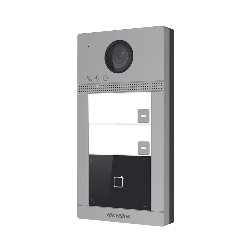 Videoportero IP 2 Megapixel / Llamada y Apertura Remota desde App Hik-Connect (requiere monitor) / PoE / Exterior IP65 + Antivandalico IK08 / 2 Departamentos / Apertura con Tarjeta / Soporta 2 Puertas y hasta 6 Monitores