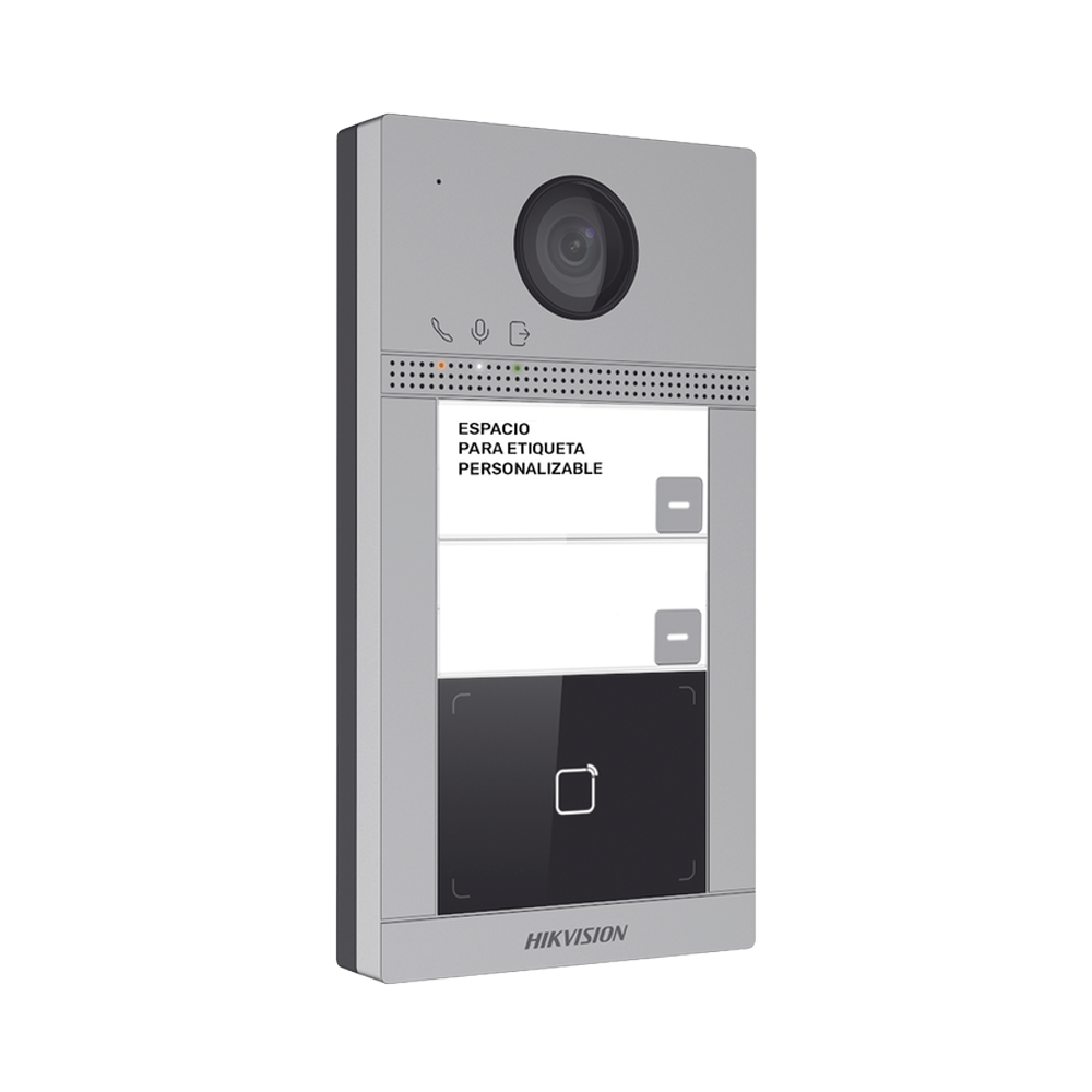 Videoportero IP 2 Megapixel / Llamada y Apertura Remota desde App Hik-Connect (requiere monitor) / PoE / Exterior IP65 + Antivandalico IK08 / 2 Departamentos / Apertura con Tarjeta / Soporta 2 Puertas y hasta 6 Monitores