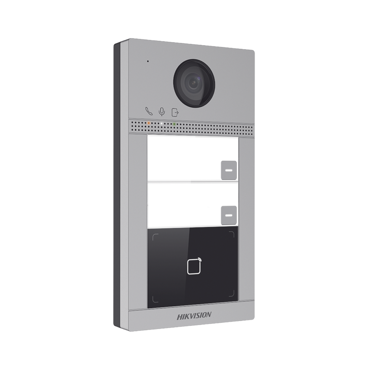 Videoportero IP 2 Megapixel / Llamada y Apertura Remota desde App Hik-Connect (requiere monitor) / PoE / Exterior IP65 + Antivandalico IK08 / 2 Departamentos / Apertura con Tarjeta / Soporta 2 Puertas y hasta 6 Monitores