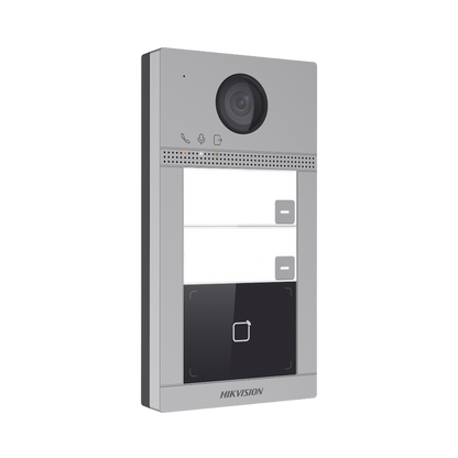 Videoportero IP 2 Megapixel / Llamada y Apertura Remota desde App Hik-Connect (requiere monitor) / PoE / Exterior IP65 + Antivandalico IK08 / 2 Departamentos / Apertura con Tarjeta / Soporta 2 Puertas y hasta 6 Monitores