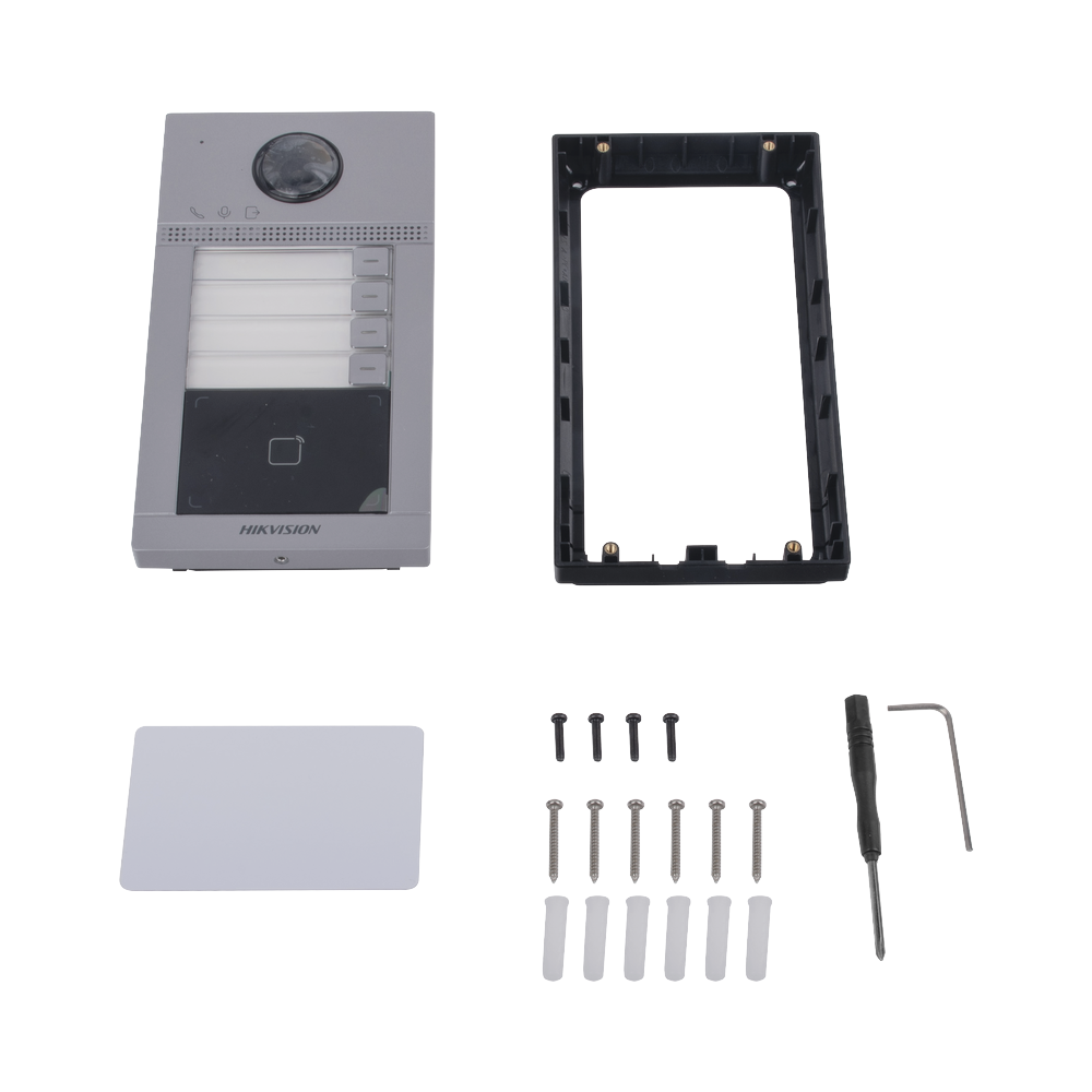 Videoportero IP 2 Megapixel / Llamada y Apertura Remota desde App Hik-Connect (Requiere monitor )/ PoE / Exterior IP65 + Antivandalico IK08 / 4 Departamento / Apertura con Tarjeta / Soporta 2 Puertas y hasta 6 Monitores