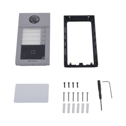 Videoportero IP 2 Megapixel / Llamada y Apertura Remota desde App Hik-Connect (Requiere monitor )/ PoE / Exterior IP65 + Antivandalico IK08 / 4 Departamento / Apertura con Tarjeta / Soporta 2 Puertas y hasta 6 Monitores