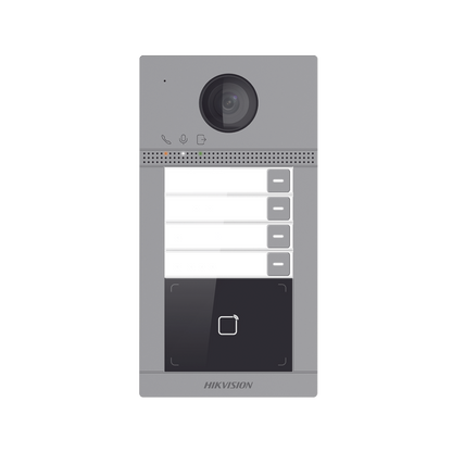 Videoportero IP 2 Megapixel / Llamada y Apertura Remota desde App Hik-Connect (Requiere monitor )/ PoE / Exterior IP65 + Antivandalico IK08 / 4 Departamento / Apertura con Tarjeta / Soporta 2 Puertas y hasta 6 Monitores