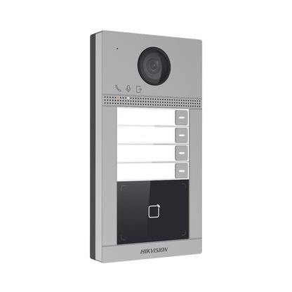 Videoportero IP 2 Megapixel / Llamada y Apertura Remota desde App Hik-Connect (Requiere monitor )/ PoE / Exterior IP65 + Antivandalico IK08 / 4 Departamento / Apertura con Tarjeta / Soporta 2 Puertas y hasta 6 Monitores