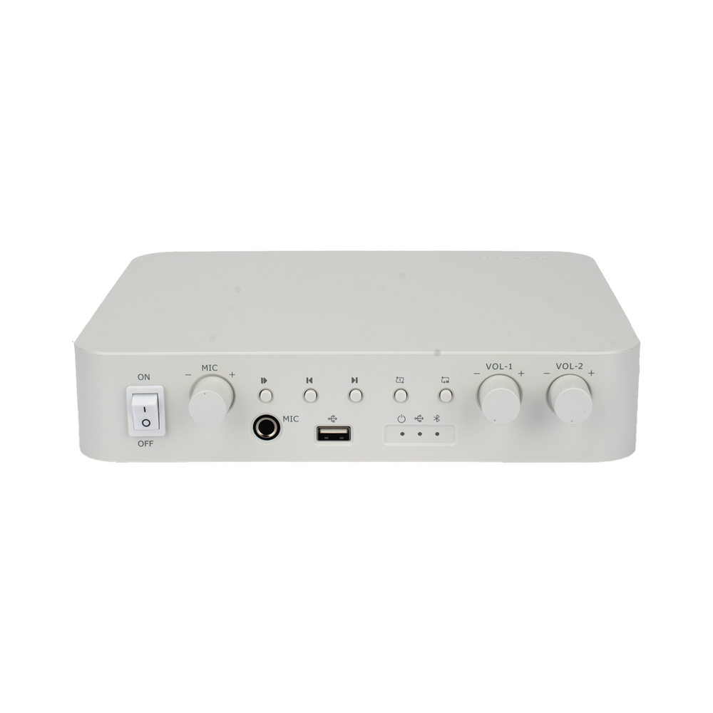 Amplificador | Bluetooth | 2 Canales con Control de volumen Independiente | 30 W por Canal | Salida 4-8 &Omega; x 2 | 100V COM x 2 | Una Zona | Música Ambiental