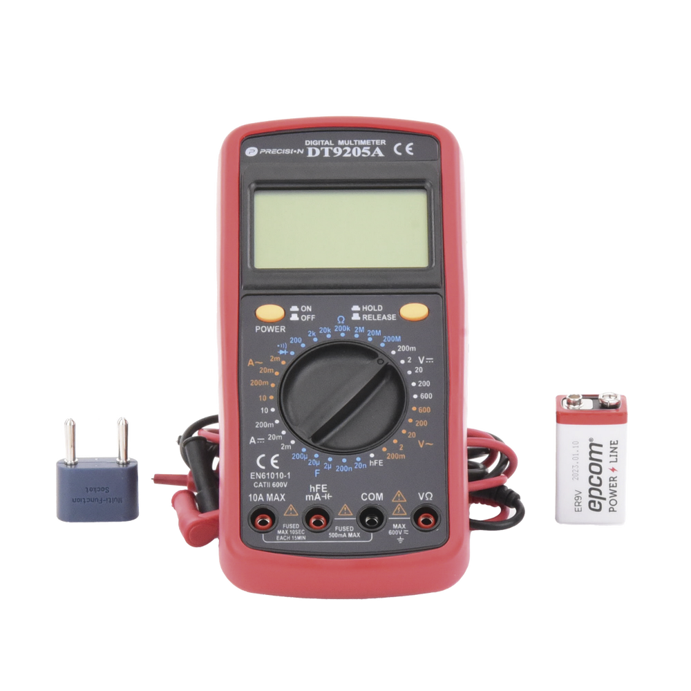 KIT Multímetro Digital DT9205A 600 Vcc /  Vca  CATII,  con Pantalla LCD. Incluye Batería ER-9V de 9V