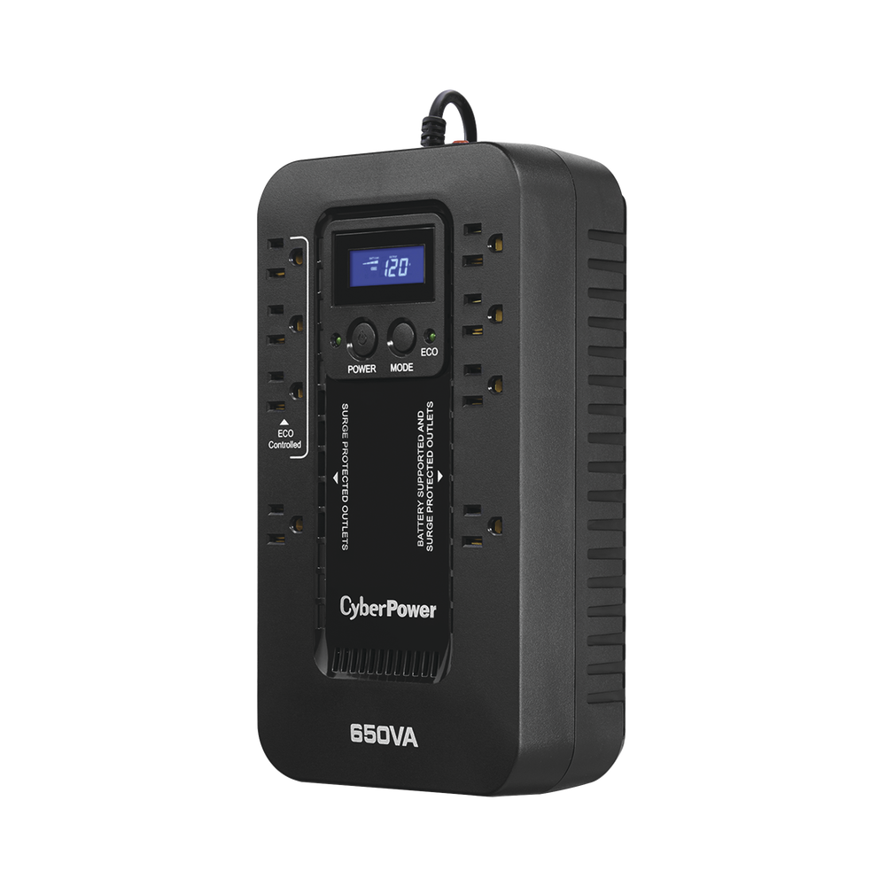 UPS de 650 VA/390 W, Topología Standby con Modo Ahorrador ECO, Entrada 120 Vca NEMA 5-15P, Con 8 Tomas NEMA 5-15R