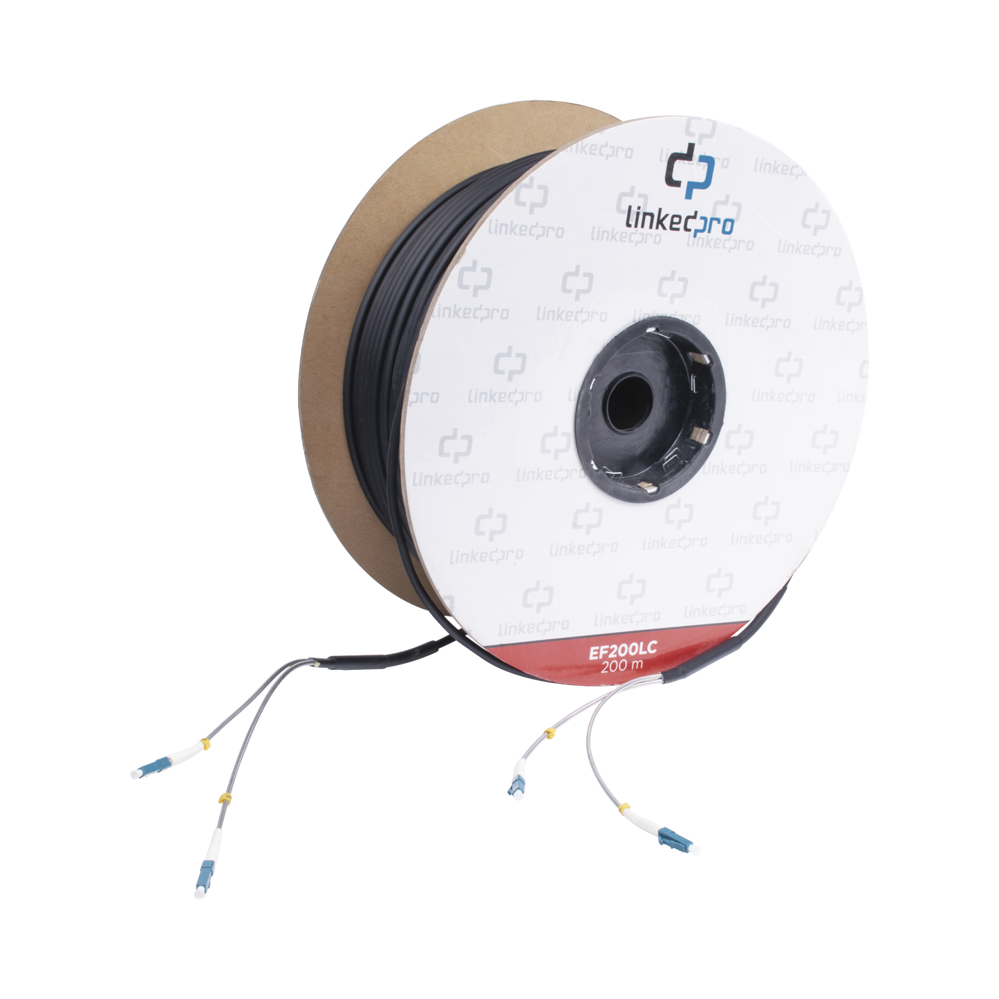Carrete de Fibra Óptica Monomodo con conectores LC-LC Duplex, Reforzada con Kevlar, de 200 metros, Para instalaciones subterráneas por tubería