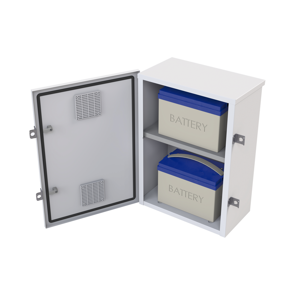 Gabinete para instalación de 2 Baterías PL110D12, Fabricado en Lámina Galvanizada, Accesorios para piso o poste (No incluidos)