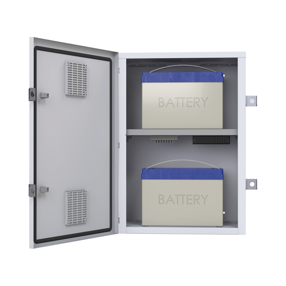 Gabinete para instalación de 2 Baterías PL110D12, Fabricado en Lámina Galvanizada, Accesorios para piso o poste (No incluidos)