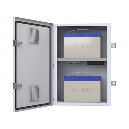 Gabinete para instalación de 2 Baterías PL110D12, Fabricado en Lámina Galvanizada, Accesorios para piso o poste (No incluidos)