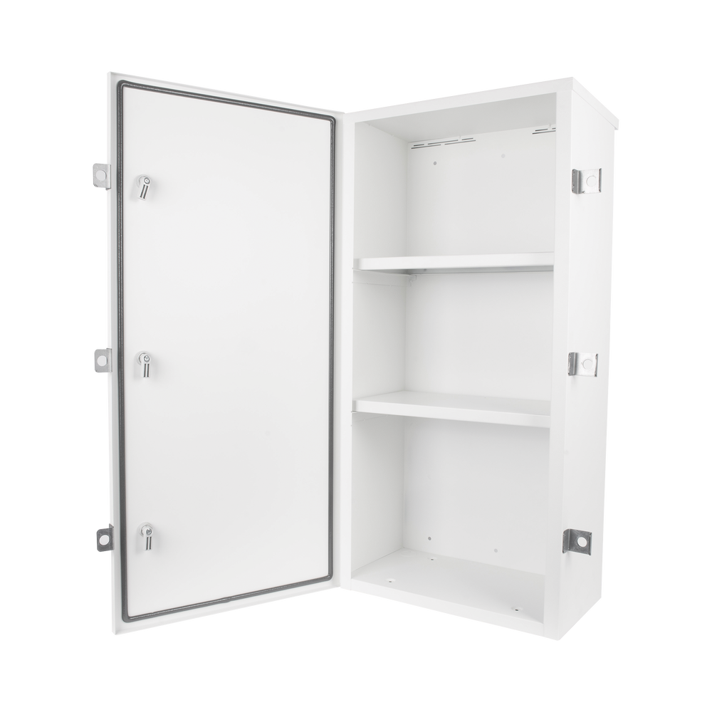 Gabinete para instalación de 3 Baterías PL110D12, Fabricado en Lámina Galvanizada, Accesorios para piso o poste (No incluidos)
