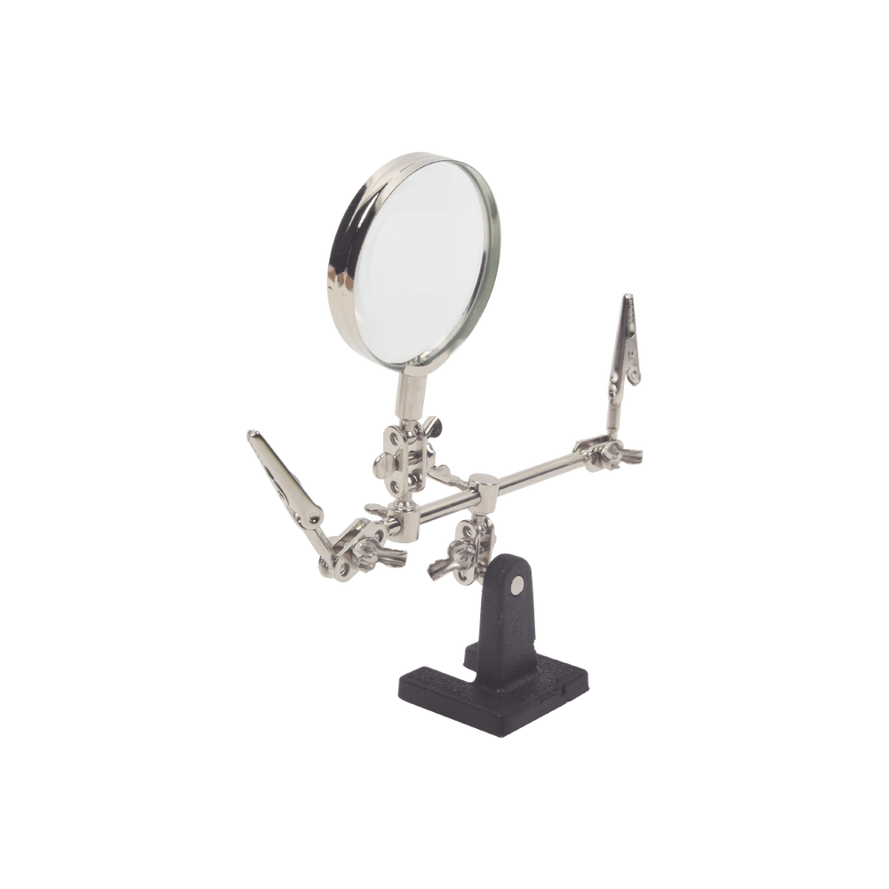 Soporte con lupa y dos brazos con clip. Ideal para trabajos de soldadura.