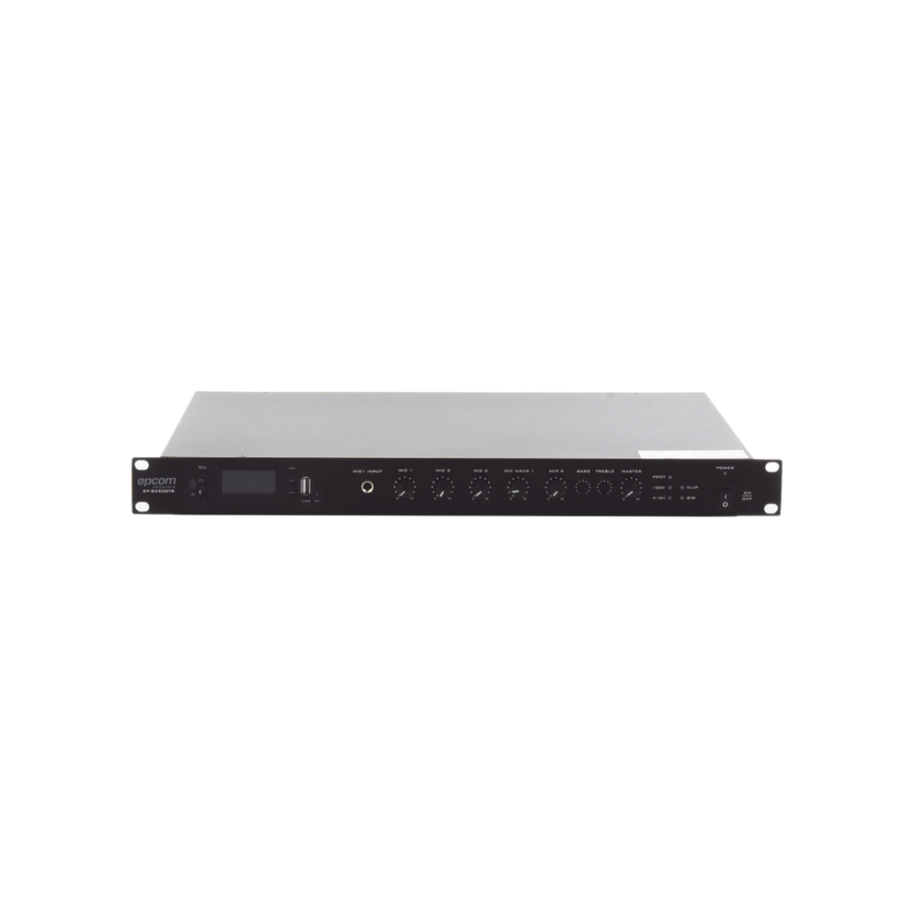 Amplificador de Audio | 1 canal | 350 W | Sistema 100V y Baja Impedancia | 4 Entradas de Micrófono Balanceadas | Bluetooth | USB | SD | FM | Montaje en Rack