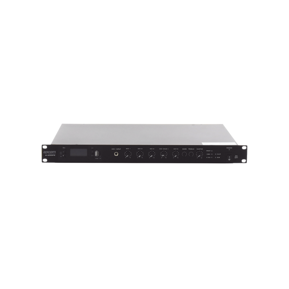 Amplificador de Audio | 1 canal | 350 W | Sistema 100V y Baja Impedancia | 4 Entradas de Micrófono Balanceadas | Bluetooth | USB | SD | FM | Montaje en Rack