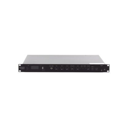 Amplificador de Audio | 1 canal | 350 W | Sistema 100V y Baja Impedancia | 4 Entradas de Micrófono Balanceadas | Bluetooth | USB | SD | FM | Montaje en Rack