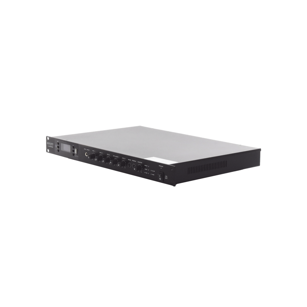 Amplificador de Audio | 1 canal | 350 W | Sistema 100V y Baja Impedancia | 4 Entradas de Micrófono Balanceadas | Bluetooth | USB | SD | FM | Montaje en Rack