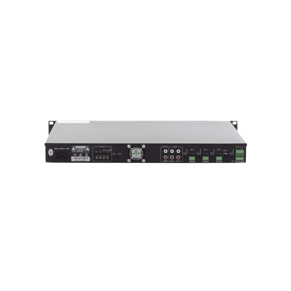 Amplificador de Audio | 1 canal | 350 W | Sistema 100V y Baja Impedancia | 4 Entradas de Micrófono Balanceadas | Bluetooth | USB | SD | FM | Montaje en Rack