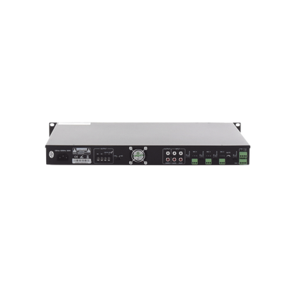 Amplificador de Audio | 1 canal | 350 W | Sistema 100V y Baja Impedancia | 4 Entradas de Micrófono Balanceadas | Bluetooth | USB | SD | FM | Montaje en Rack