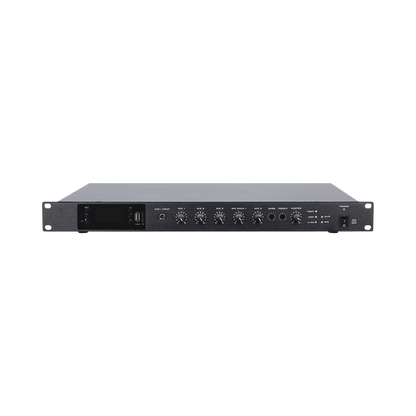 Amplificador de Audio | 1 canal | 350 W | Sistema 100V y Baja Impedancia | 4 Entradas de Micrófono Balanceadas | Bluetooth | USB | SD | FM | Montaje en Rack