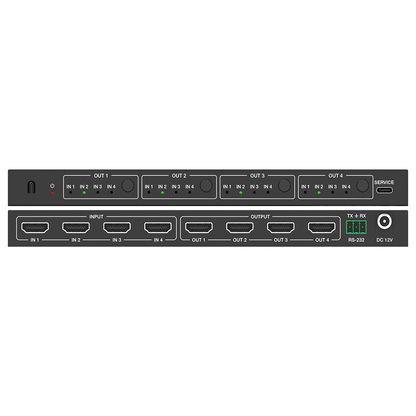 Matriz de Video HDMI 4x4 | Ancho de Banda 10.2 Gbps | Resolución 4K@30Hz | Escalado a 1080P, 720P, 1920x1200, 4K30 | Modos Matriz y Video Wall | Control RS-232 y Remoto Infrared