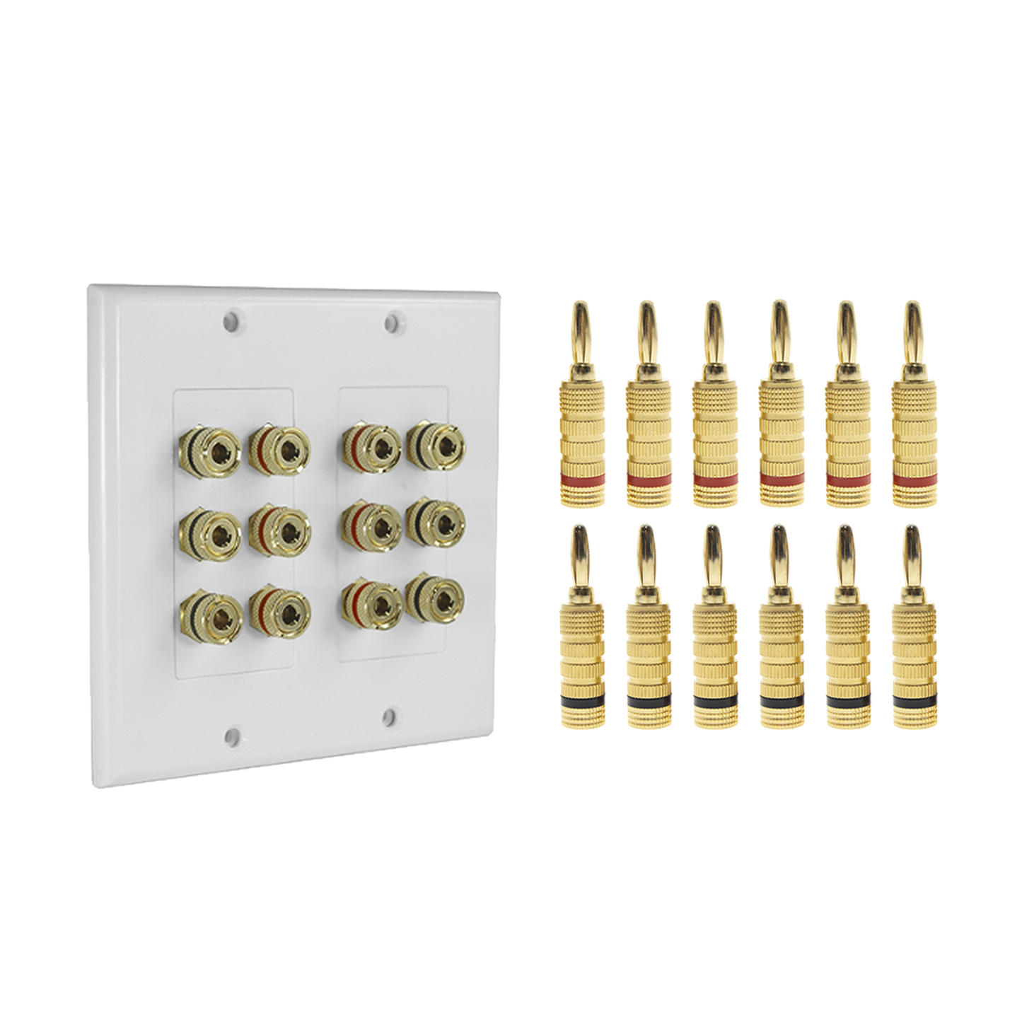 KIT 1 Placa de Pared + 6 Pares Conectores Banana (Rojo+Negro) | Postes de Unión Tipo Banana | Conexión para 6 Altavoces | Fácil Instalación | Conectores Chapados en Oro