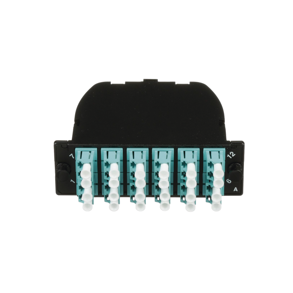 Casete OptiCom de Fibra Óptica Multimodo OM3, Con 2 Conectores MPO a 12 LC Duplex, Polaridad Método A, Pérdida de Inserción Estándar