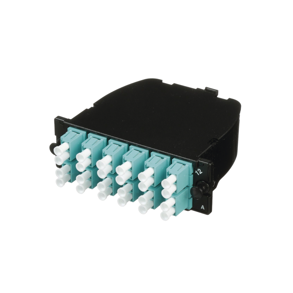 Casete OptiCom de Fibra Óptica Multimodo OM3, Con 2 Conectores MPO a 12 LC Duplex, Polaridad Método A, Pérdida de Inserción Estándar