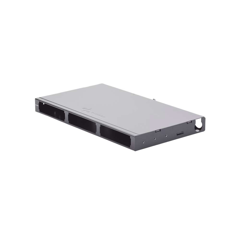 Panel de Conexión de Fibra para Rack de 19in, Bandeja Fija, Acepta 3 Placas Quick Pack, Hasta 72 Fibras, 1 UR