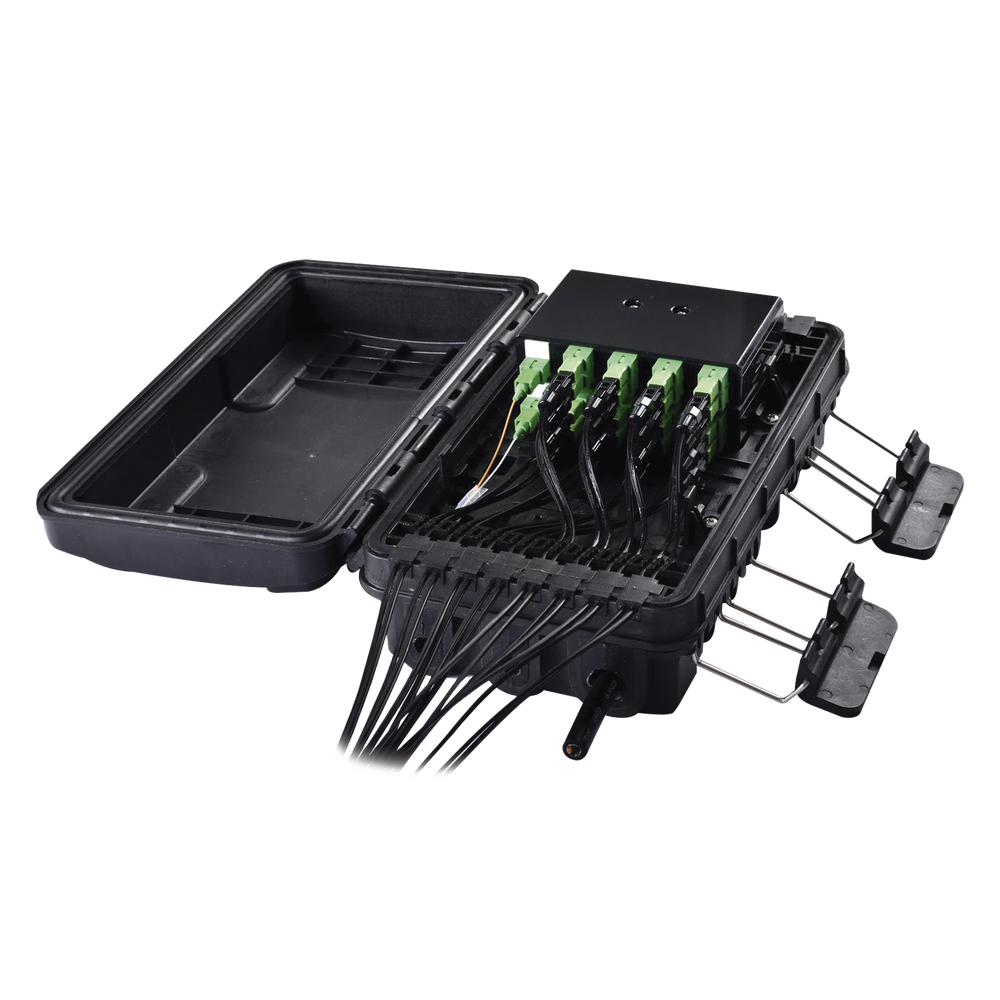 Caja de Distribución de Fibra Óptica para 24 Empalmes, con 16 acopladores SC/APC simplex, Exterior IP65, Color Negro