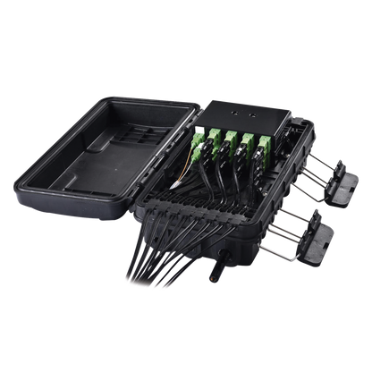 Caja de Distribución de Fibra Óptica para 24 Empalmes, con 16 acopladores SC/APC simplex, Exterior IP65, Color Negro