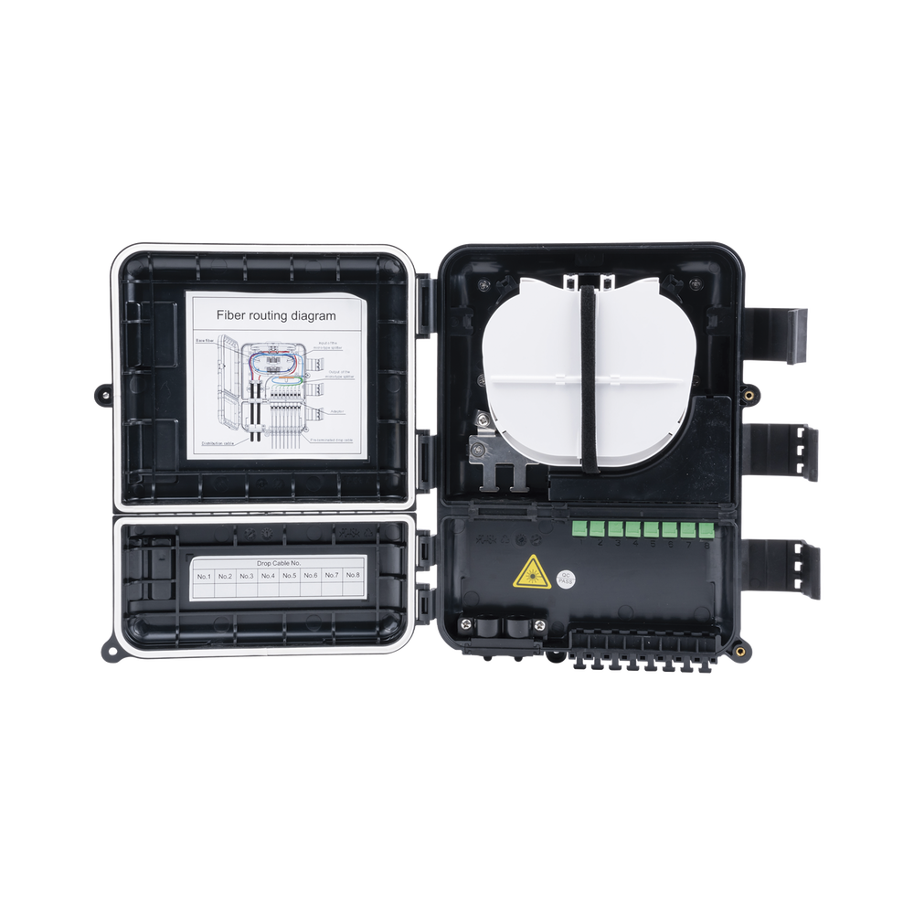 Caja de Distribución de Fibra Óptica para 24 Empalmes, con 8 Acopladores SC/APC Simplex, Exterior IP55, Color Negro