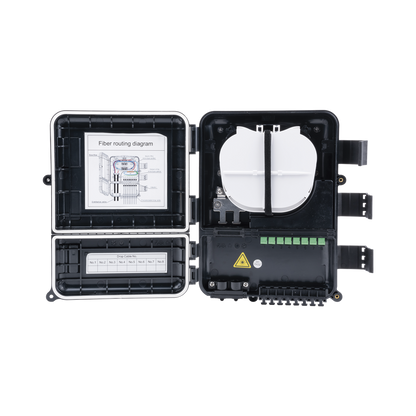 Caja de Distribución de Fibra Óptica para 24 Empalmes, con 8 Acopladores SC/APC Simplex, Exterior IP55, Color Negro