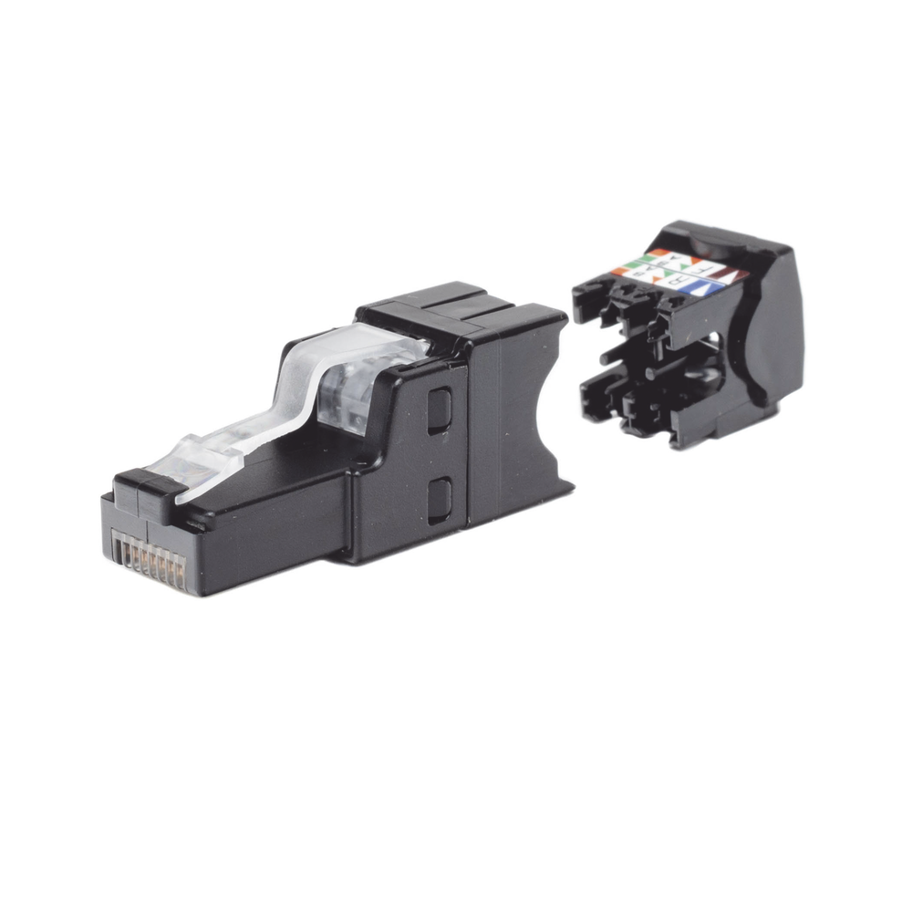 Plug RJ45 UTP, Instalación Recta, Terminación en Campo Certificable, Compatible con Cat5e, Cat6 y Cat6A, Color Negro