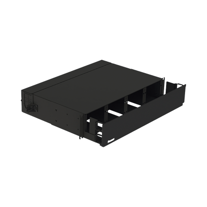 Panel de Distribución de Fibra Óptica, Acepta 8 Placas FAP o FMP, Bandeja Deslizable, Hasta 192 Fibras, Color Negro, 2 UR