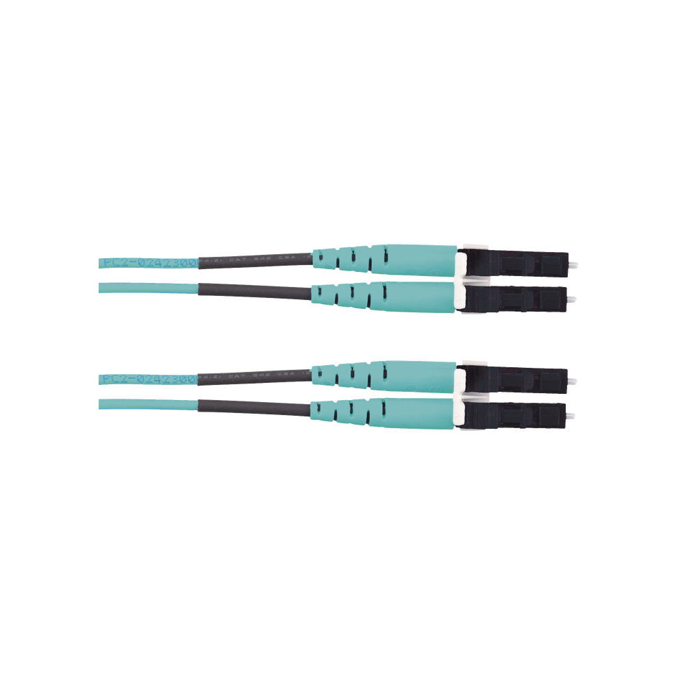 Jumper de Fibra Optica Multimodo 50/125 OM3, LC-LC Duplex, LSZH (Cero Halógenos), Color Aqua, 10 Metros (32.81 Pies)