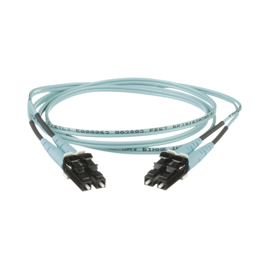 Jumper de Fibra Optica Multimodo 50/125 OM3, LC-LC Duplex, OFNR (Riser), Color Aqua, 8 Metros (26.25 Pies)