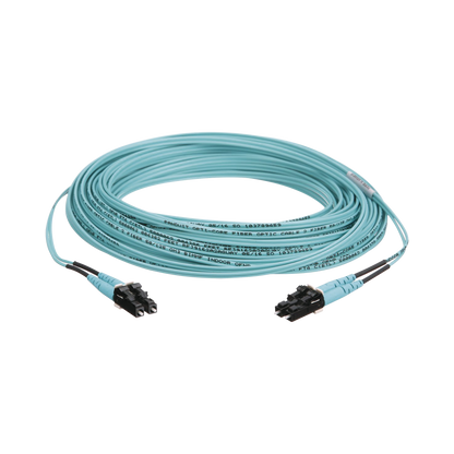 Jumper de Fibra Optica Multimodo 50/125 OM3, LC-LC Duplex, OFNR (Riser), Color Aqua, 15 Metros (49.21 Pies)