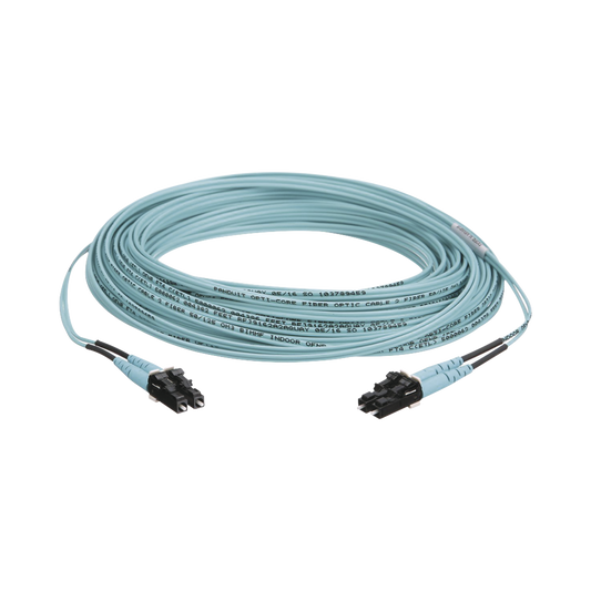 Jumper de Fibra Optica Multimodo 50/125 OM3, LC-LC Duplex, OFNR (Riser), Color Aqua, 50 Metros (164.04 Pies)