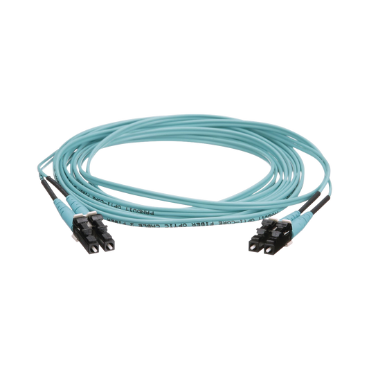 Jumper de Fibra Óptica Multimodo 50/125 OM4, LC-LC Duplex, OFNR (Riser), Color Aqua, 7 Metros