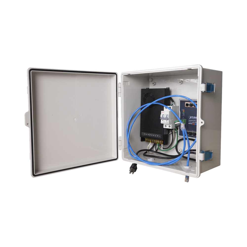 Switch para exterior / 8 puertos Gigabit con 4 puertos PoE 802.3at / Protección térmica 2P, 16A, Corriente Alterna 400 Vca