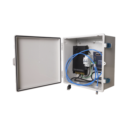 Switch para exterior / 8 puertos Gigabit con 4 puertos PoE 802.3at / Protección térmica 2P, 16A, Corriente Alterna 400 Vca