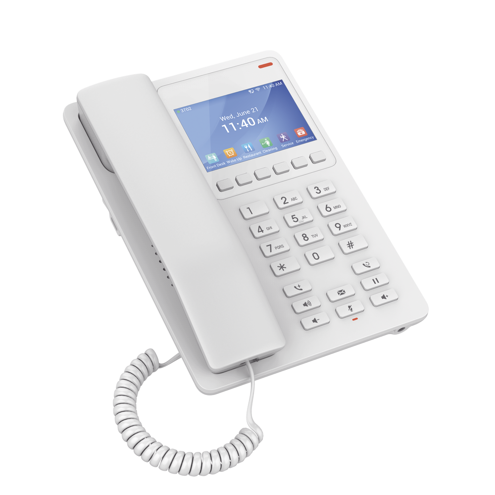 Teléfono IP Hotelero con pantalla LCD a color, 2 líneas SIP con 2 cuentas, codec Opus, IPV4/IPV6, color blanco, con gestión en la nube GDMS
